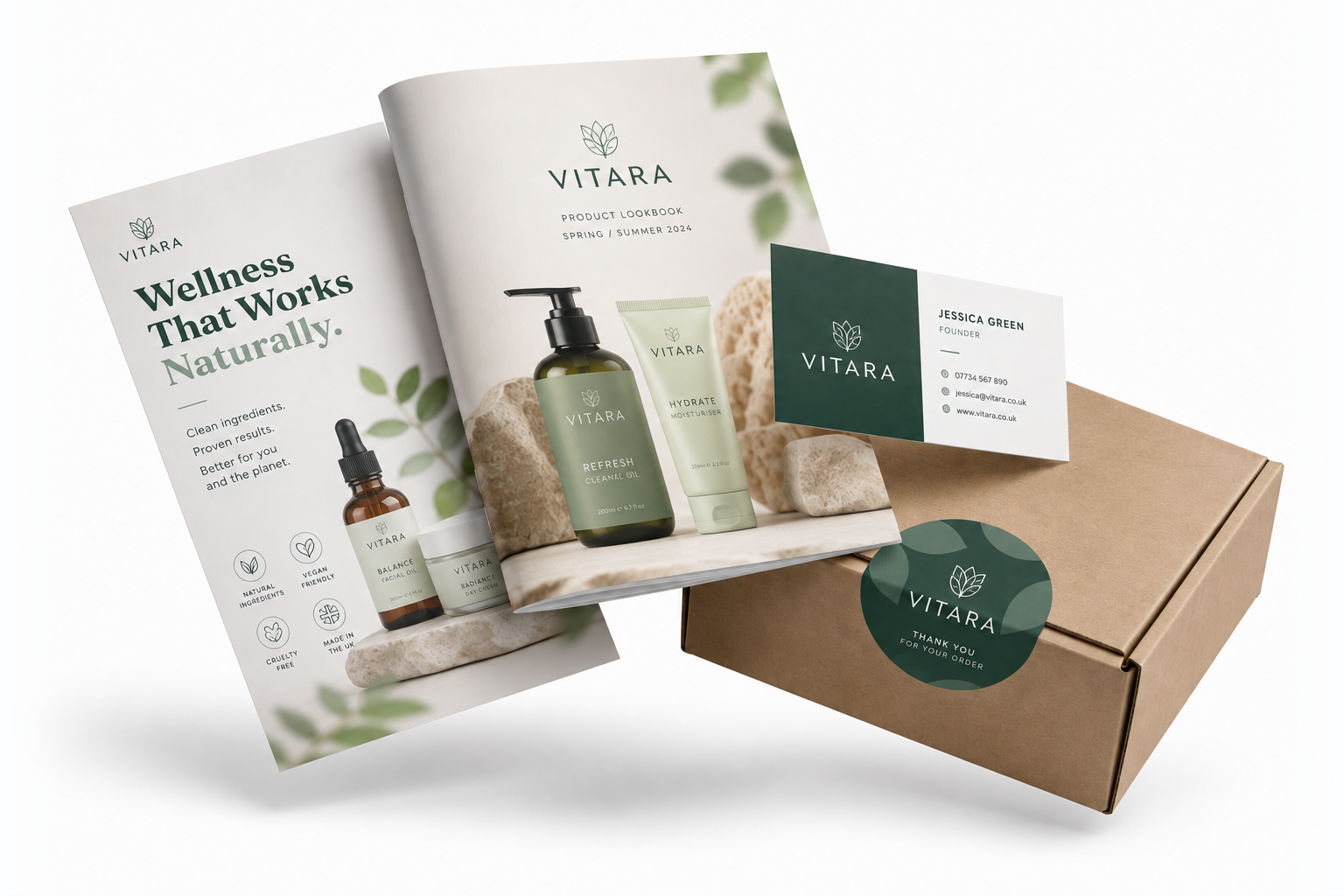 A selection of printed products including a booklet, leaflet, business card and branded packaging box